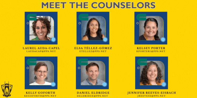 Counselors: Laurel Auda-Capel, Elsa Téllez-Gómez, Kelsey Porter, Kelly Goforth, Daniel Eldridge, Jennifer Reeves-Eisbach.